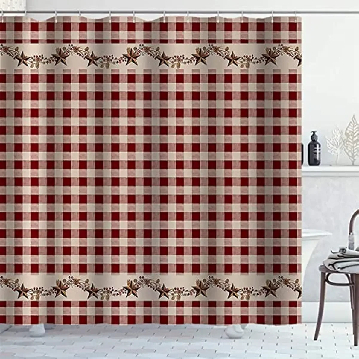 Brown Texas Star Western Shower Curtains Primitive Star Red and Beige Buffalo Plaid Rustic Country Farmhouse Bathroom Decor Set