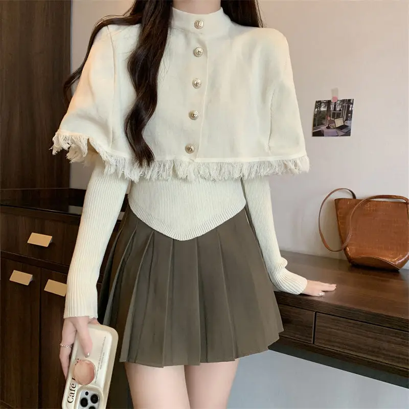 Irregular Knitted Base Sweater For Women Autumn New Slim Fit And Stylish Long Sleeved Tassel Shawl Sweater Two-piece Set