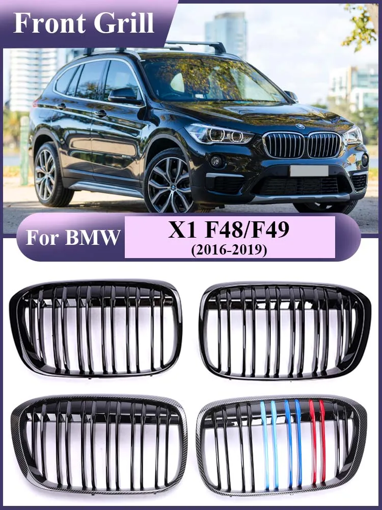 

Двойная углеродная решетка M Look для BMW X1 F48 F49 2016-2019 XDrive, автомобильный черный глянцевый передний бампер Kindey, гриль, аксессуары для стайлинга