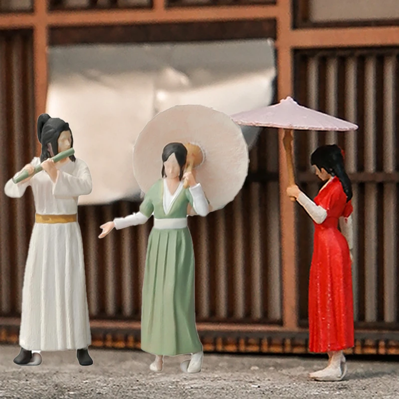 Ancient Chinese Style Hanfu Umbrella Beauty 1:64 Flute Warrior Miniature Figure Model Sand Table Resin Miniature Figure