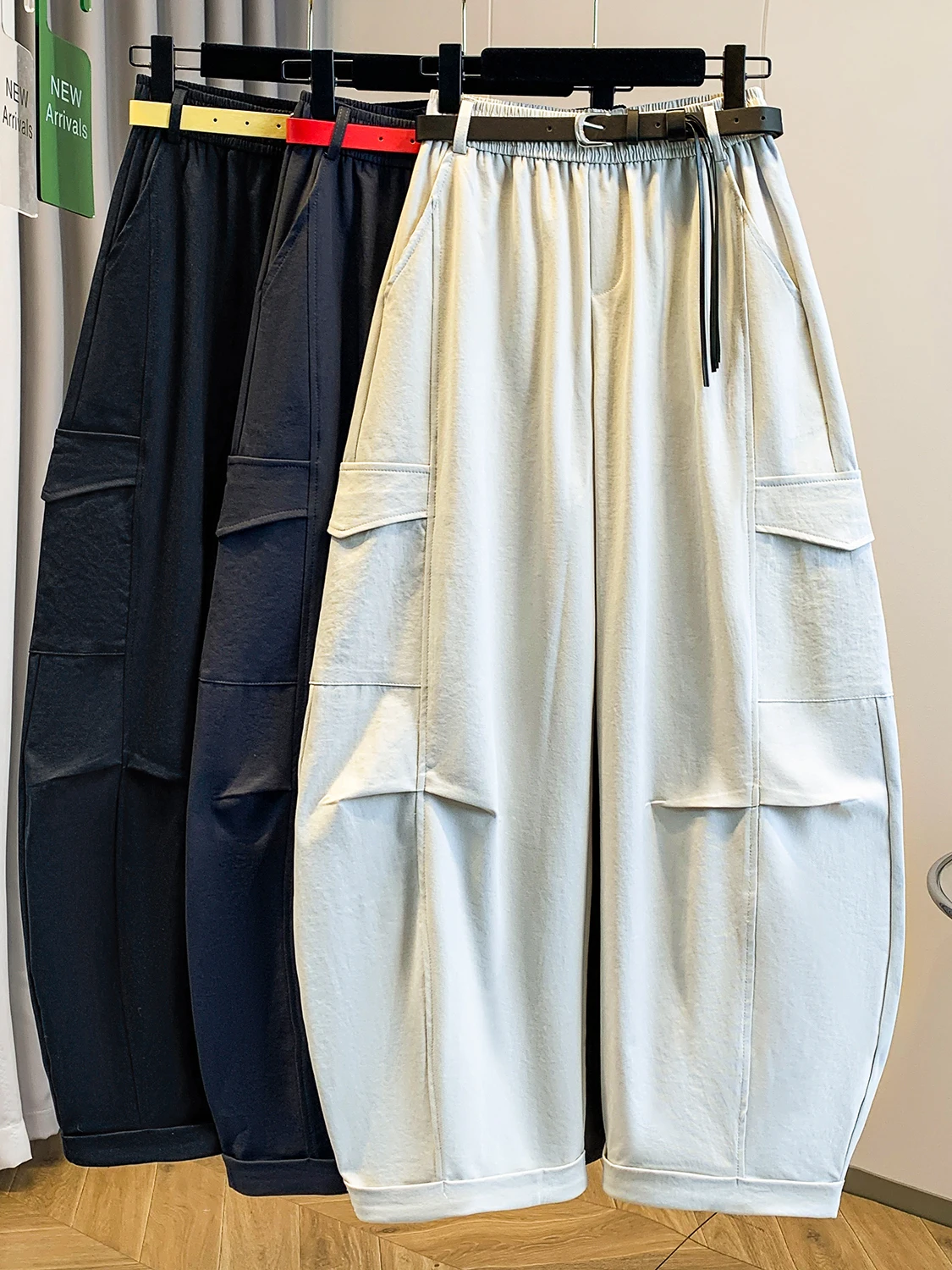 

Spring 2026 High Waist Wide Leg Casual Cotton Workwear Pants with Belt Large Size Women's Elastic Waist Versatile Loose Fit