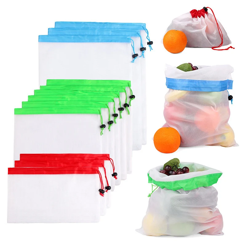 Reusable Mesh Produce Bags Washable For Grocery Shopping Bag Fruit Vegetable Net Bags Organizer Sundries Drawstring Storage Bags