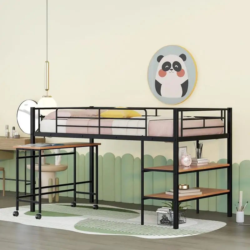 Twin Metal Loft Bed with Desk & Shelves - Black Finished Design for Space-Saving and Stylish Bedroom Setup