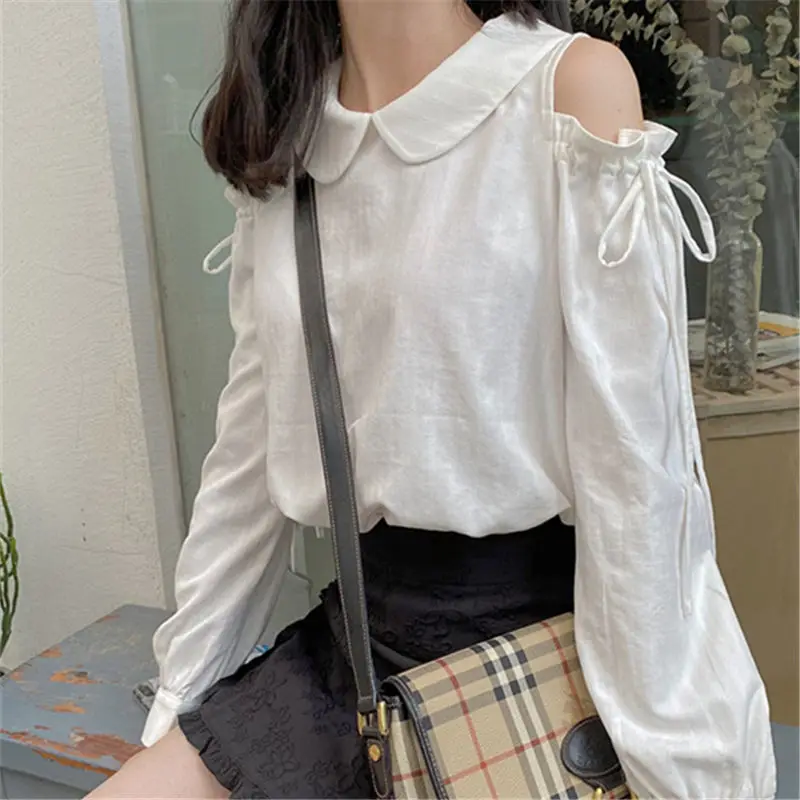 Autumn Women\'s Casual Korean Solid Color Striped Blouse Loose Fashion Long Sleeve All-match Off Shoulder Shirt Female Clothing