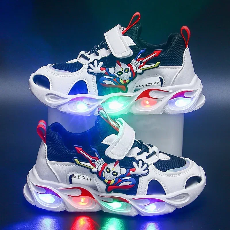 

Summer Boys Girls Beach Sneakers Boots LED Luminous Light Button Lock Laces Shoes Cartoon Children's Baby Kids