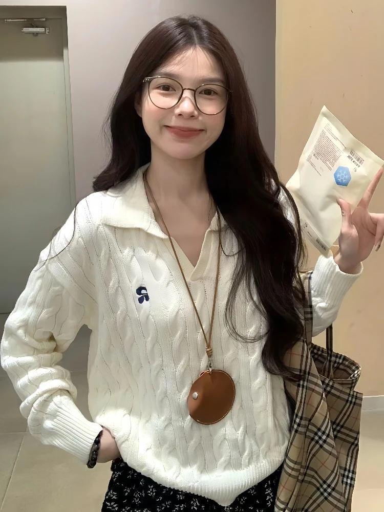 

Korean Sle Women's Long Sve Knitted Sweater Casual Turn-down Collar Twist Casual Versatile Top Faionable Autumn New Ar...