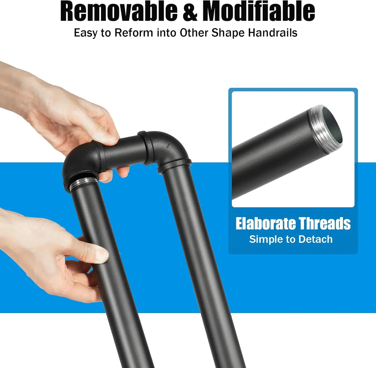 درابزين الدرج أسود غير لامع على شكل حرف U درابزين من الحديد المطاوع الصناعي غير قابل للانزلاق داخلي أو خارجي، منزل لفندق فيلا الحديقة العلوية #4