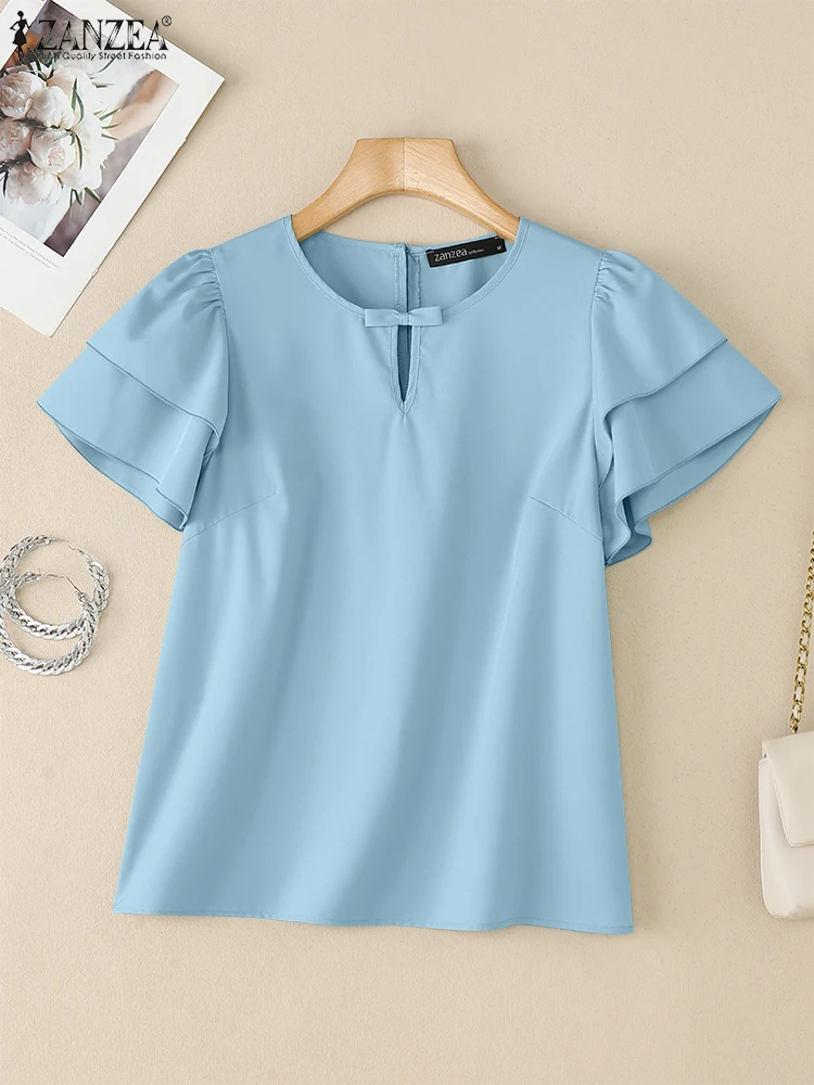 ZANZEA Ritaglio O-Collo Pendolarismo Camicette Moda Donna Elegante Abbigliamento da giorno Top Arco Dettaglio Venduto Colore Ruffles Manica Blusas Mujer