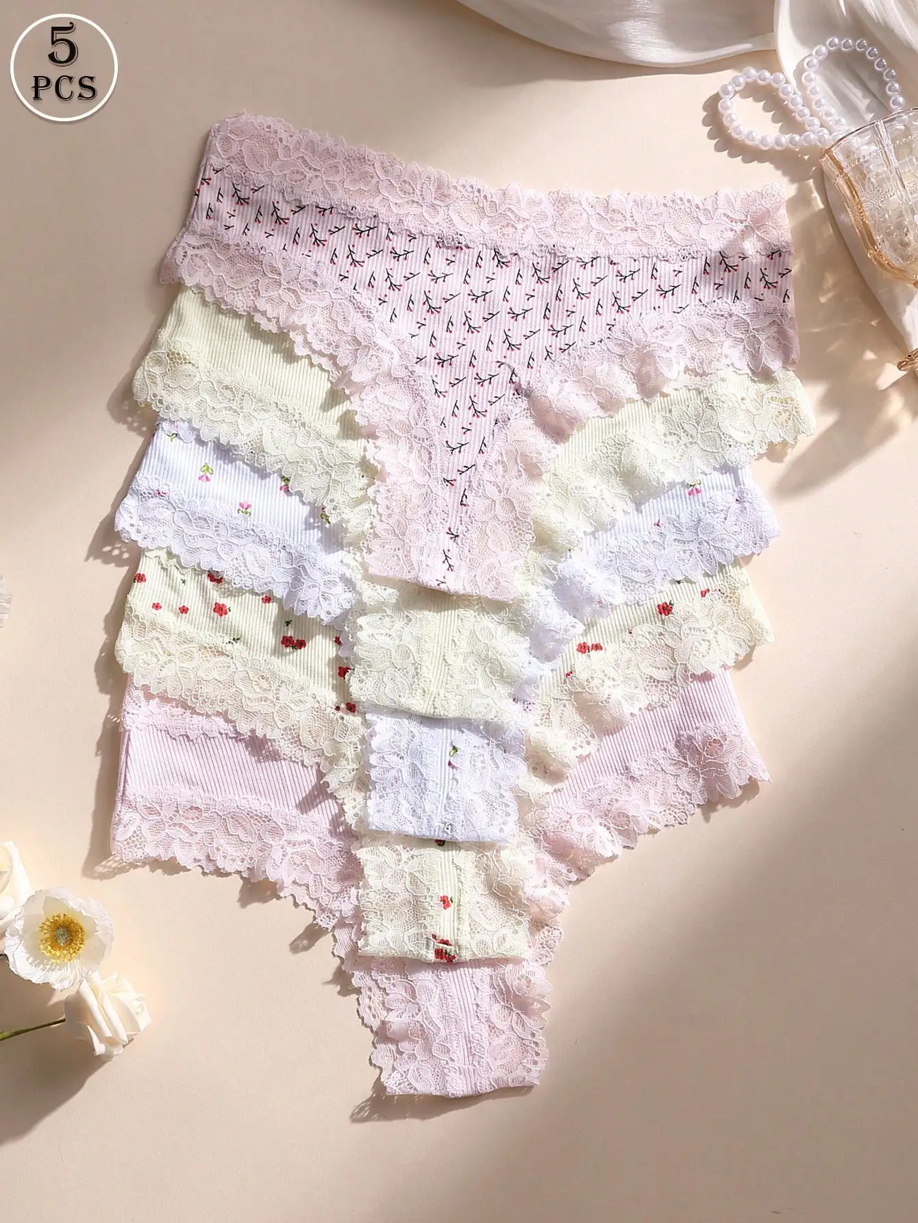 

5pcs/Set Women's Sexy Lace Patchwork Low Waist Seamless Thong Panties, Comfortable Breathable Underwear Suitable For Yoga, Sports, Daily Wear