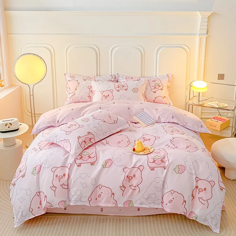 Cartoon Pink Pig Duvet Cover 4pcs Bedding Set Lovely Animal Quilt Cover Polyester Comforter Cover 1 Flat Sheet 2 Pillowcases