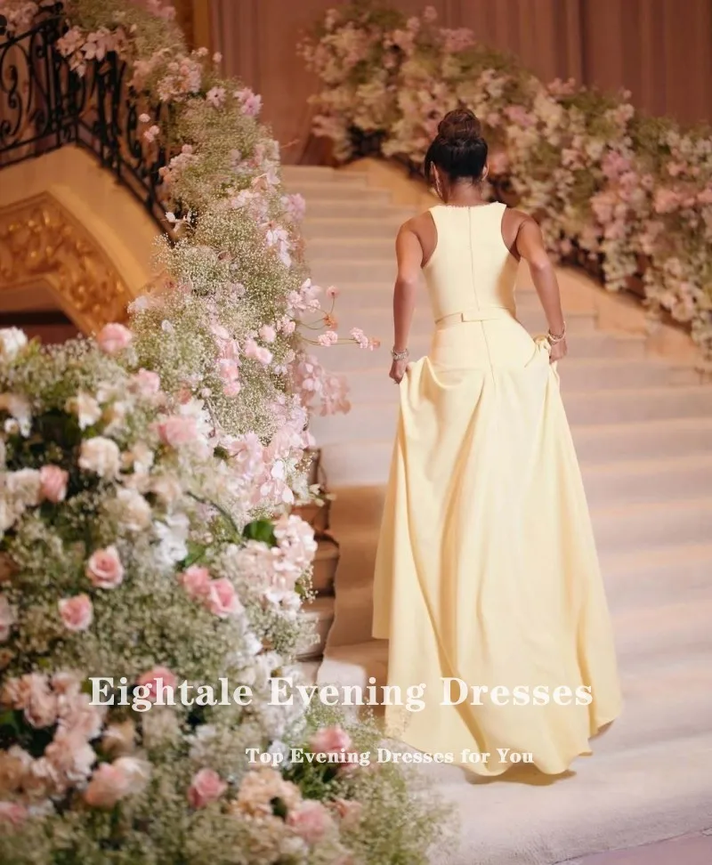 Eightale Arabic Evening Dress Customized O-Neck 3D Flowers Stretchy Satin Yellow Mermaid Prom Wedding Party Gowns image 2