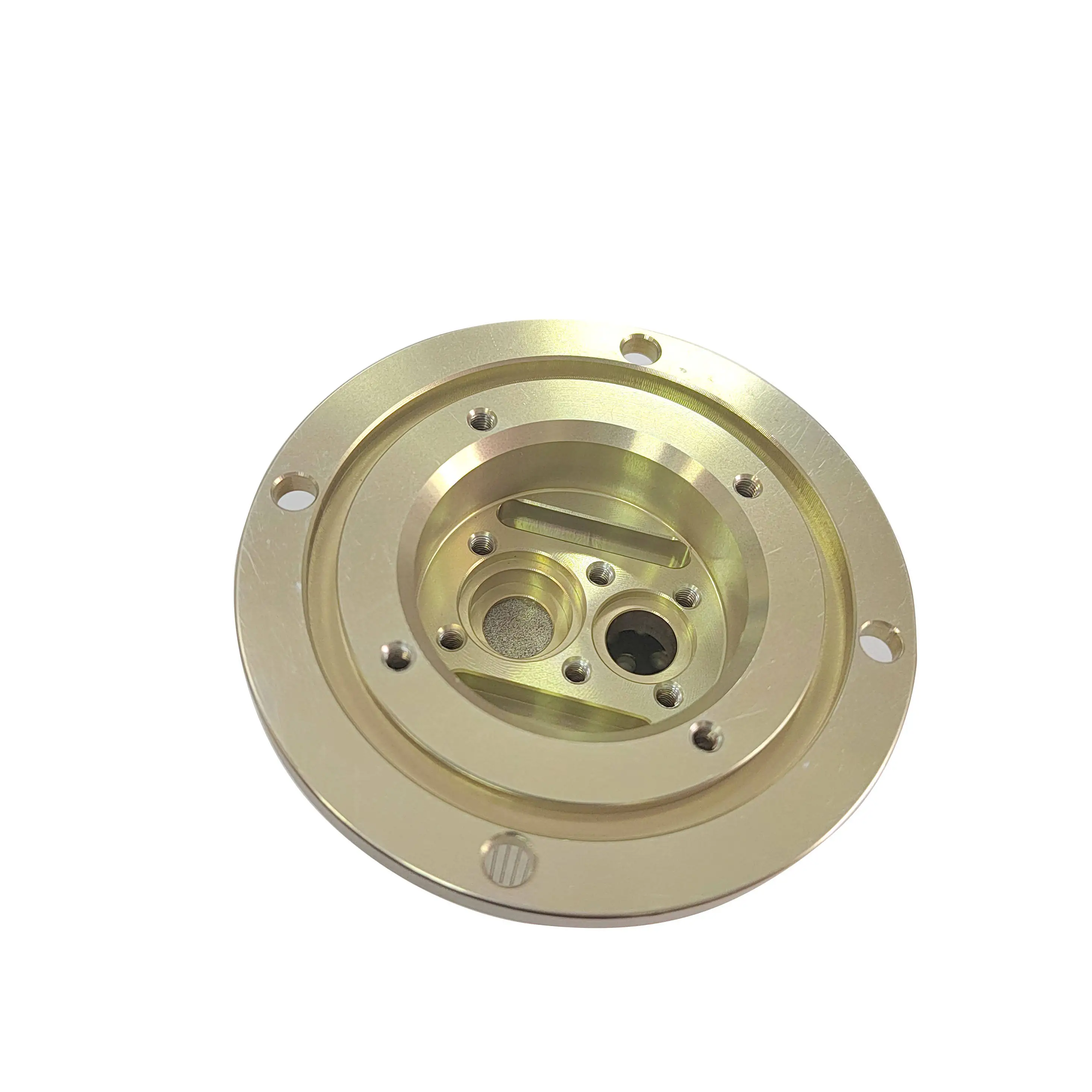 

CNC Machined Flange Housing OEM Gold Anodized Aluminum Alloy Mechanical Component with Threaded Holes for Precision Instrument