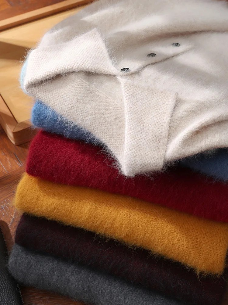 Winter Mens Long Sleeve Button Knit Pullover Sweater Mink cashmere Casual Polo collar Pullover Autumn Classic Warm HeavyWeight