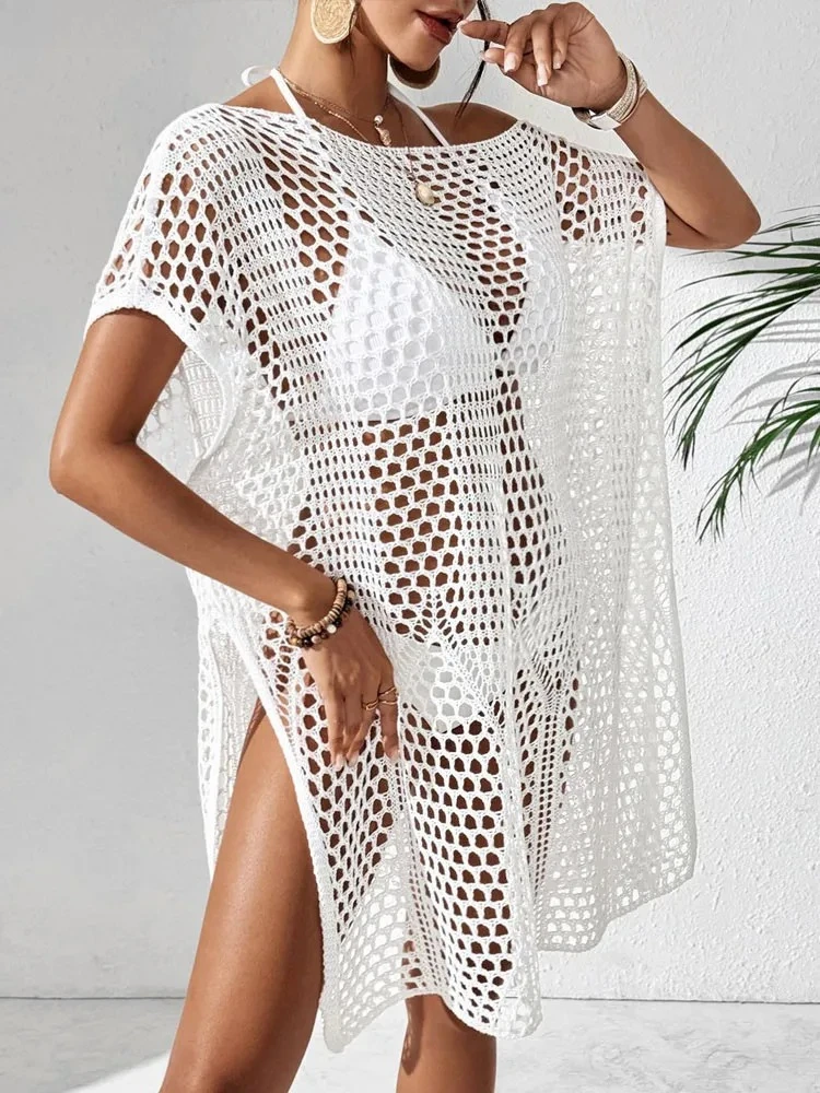 

Sexy Women Solid Loose Bikini Cove Up Hollow Short Sleeve Long Beach Dress Lady Brazilian Swimsuit Cover-Ups