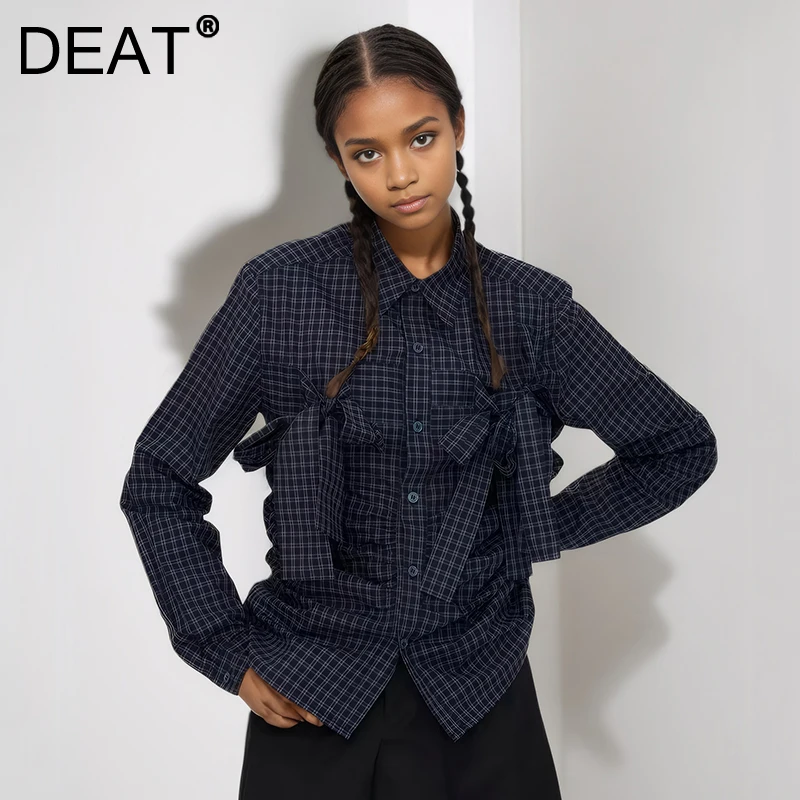 DEAT Women's Fashion Bow Plaid Lapel Long Sleeves Shirts 2025 Spring New Arrival Trendy Fold Casual Tops Female 33A2466