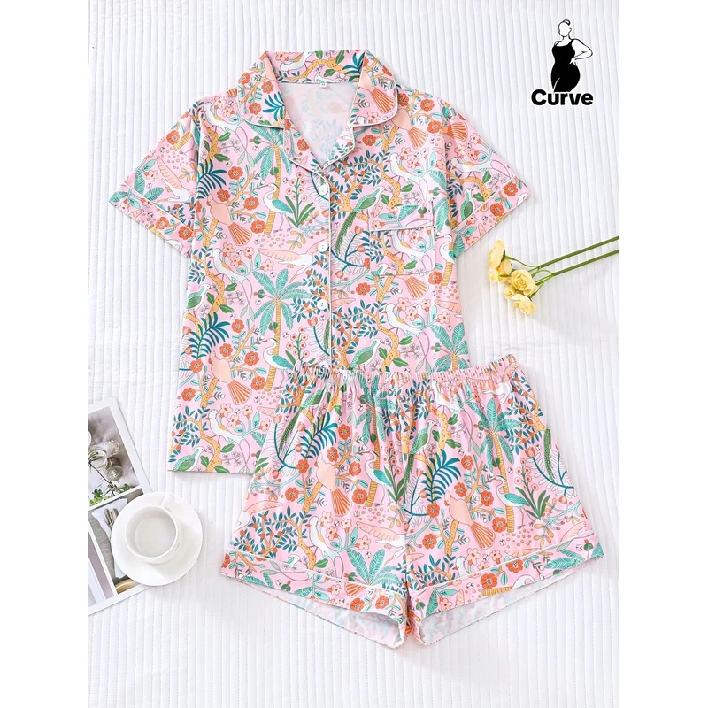 Women's Pastel Botanical Print Pajama Set Short Sleeve Button Down Top Shorts Soft Sleepwear Loungewear Summer Home Wear
