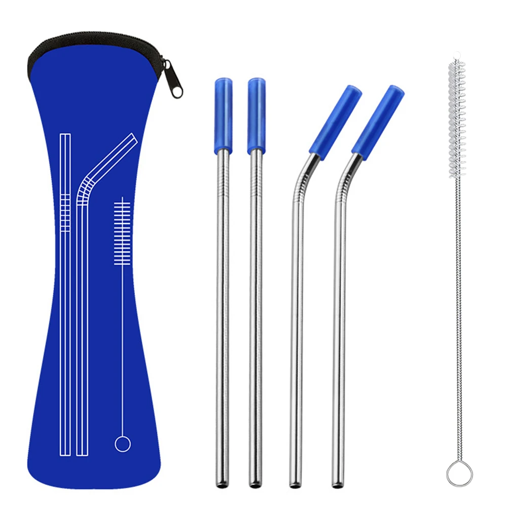 Paket Sedotan Stainless Steel Set Pengisap Minum Sedotan Anti Gores dengan Ujung Silikon