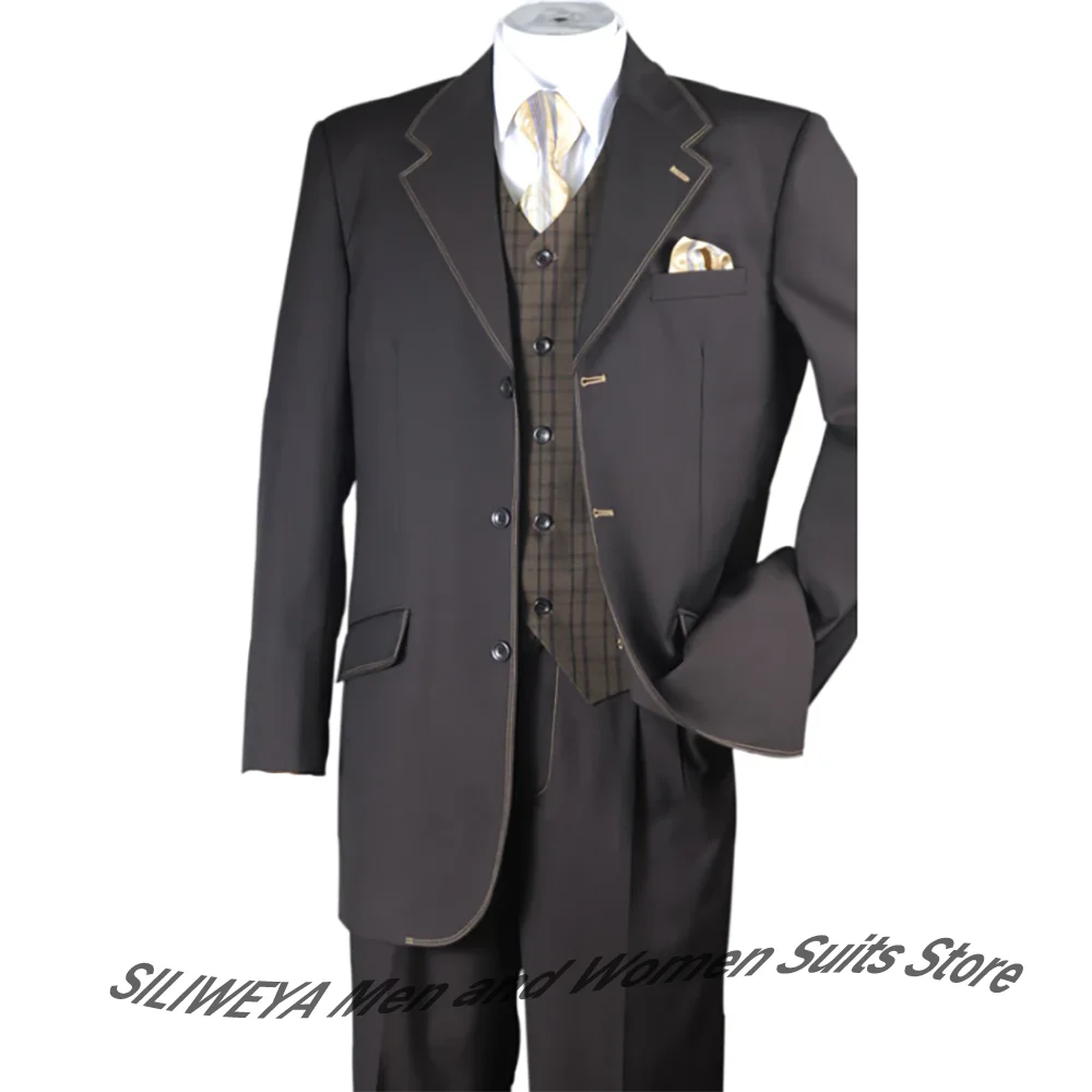 Elegant Navy Blue Suits for Men Contrast Stitch 3-Piece Set Notch Lapel Blazer Plaid Vest Formal Business Evening Party Costume