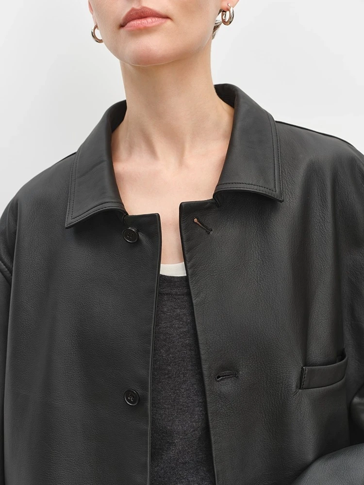 Clássico preto couro genuíno blazer jaquetas para mulheres primavera outono high-end simples único breasted solto casaco de couro de vaca real