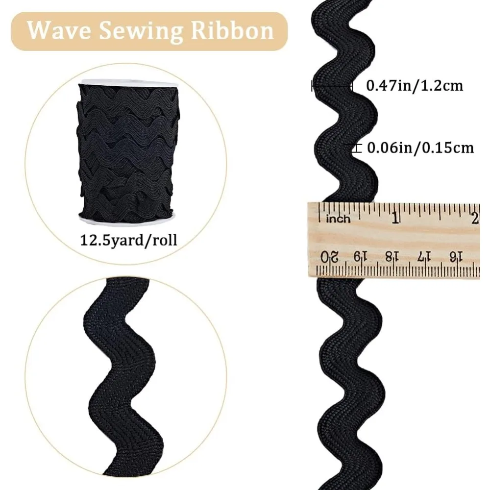 1 Roll 1/2 inch(12mm) RIC Rac Trim Ribbon 12.5 Yards Black Rick Rack Wave Sewing Bending Fringe Trim Braided Woven Fabric