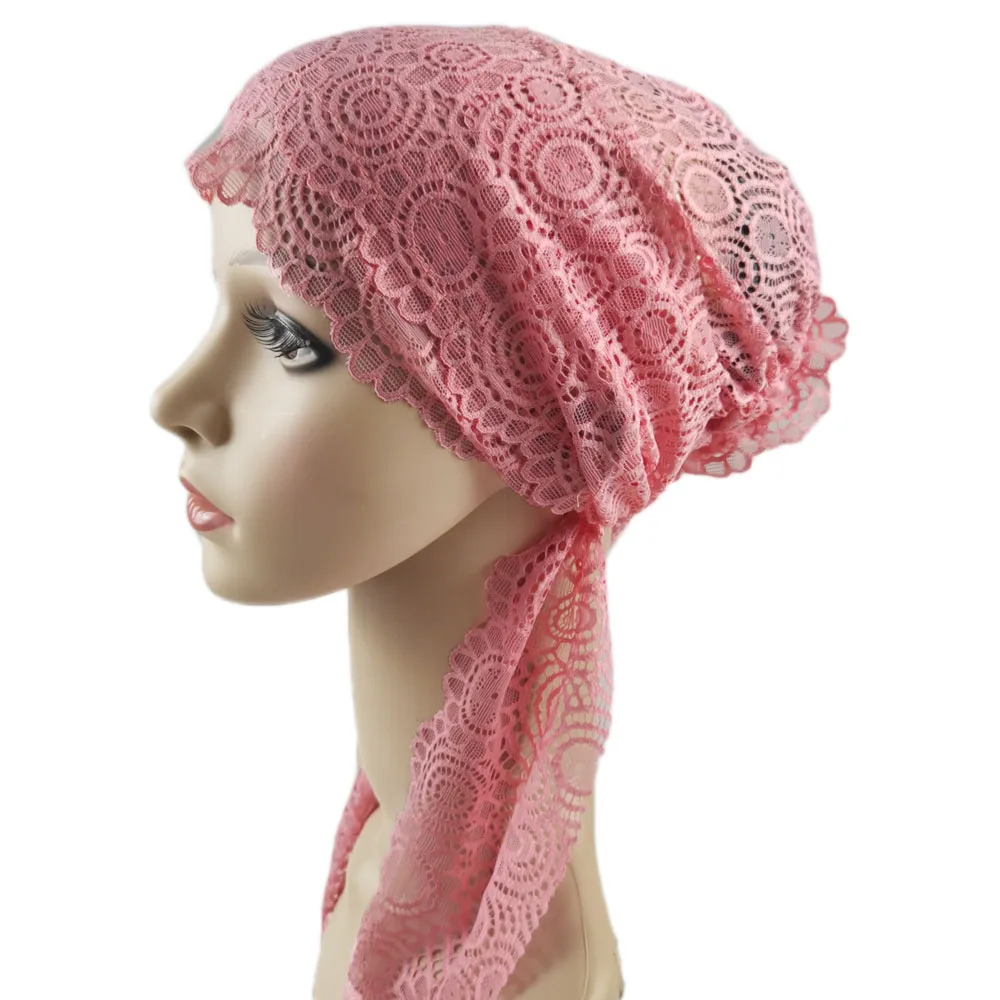 Women Hat Muslim Hijab Floral Lace Stretch Turban Cap Islam Arab Beanies Chemo Hat Headwear Hijab Hat Long Tail Ramadan New Cap