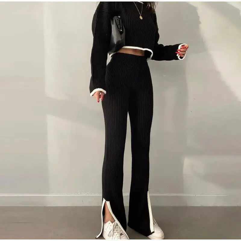 New Women Casual Sweater Two Piece Set Female Loose Pullover and High Waist Slit Pants Knitted Suit Lady Elegant Contrast Outfit