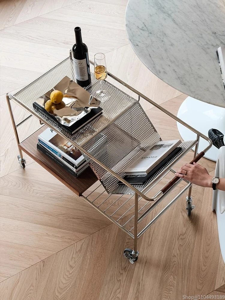 Nordic Retro Side Table with Wheels Mobile Sofa Caddy Stainless Steel Rolling Cart Stylish Living Room Storage & Coffee Table - Image 3
