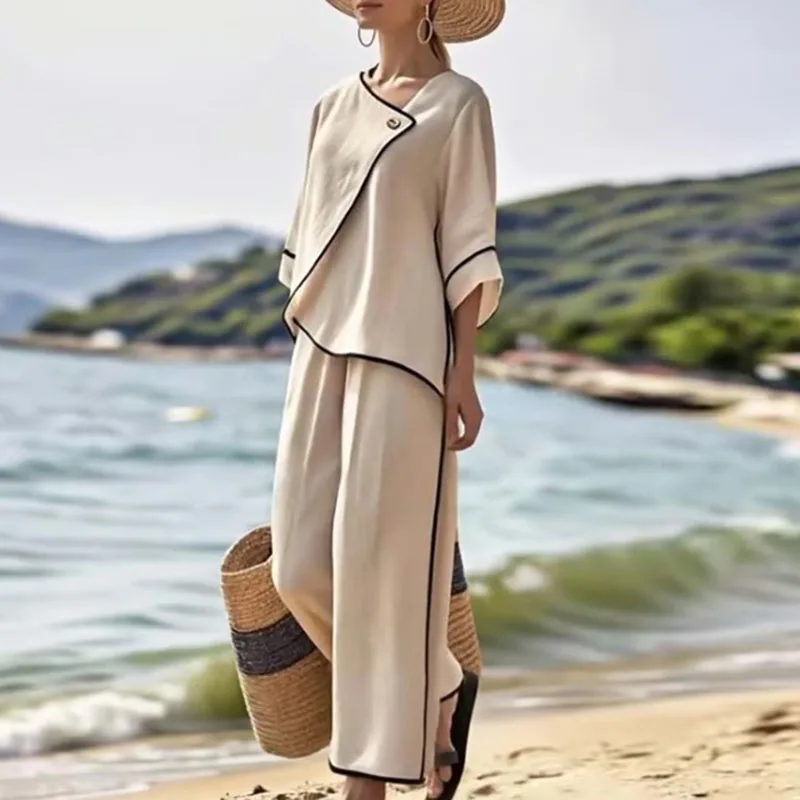 

Vacation Outfits Woman Button V-neck Loose Irregular Top And Split Wide Leg Trousers Suit Autumn 3/4 Sleeve Contrast Striped Set