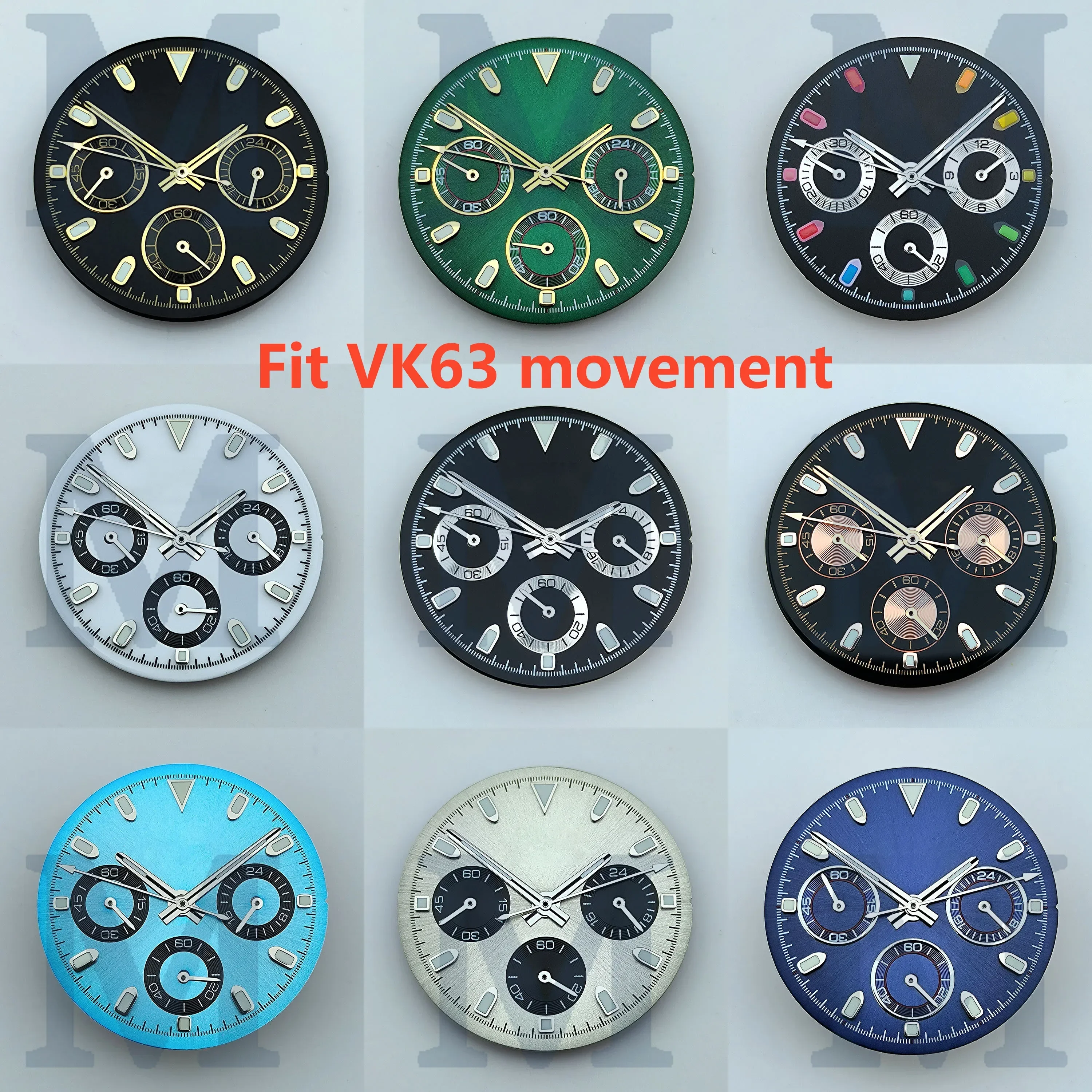 VK63 chronograph dial hands watch face needles 29mm Panda dial Green glowing fit Daytona VK63 quartz movement watch accessories