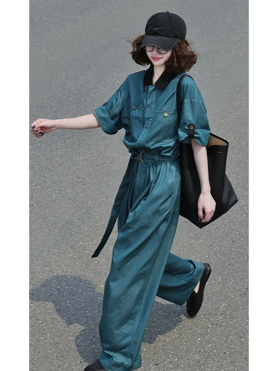 

Retro Blue Denim Overalls Stylish Businesslike Fashionable Set Commute Style Long Pants Short Sleeve Regular Thickness