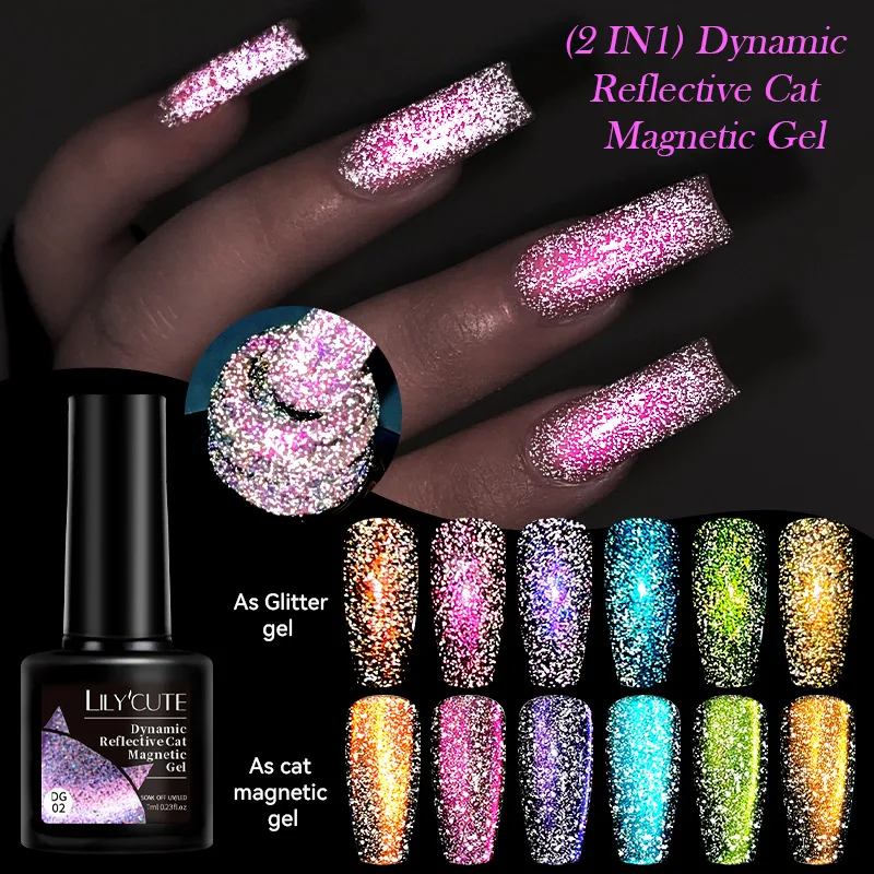 LILYCUTE 7ml Gel magnetico riflettente dinamico per gatti Effetto scintillante Doppia luce Magnete Smalto gel Gel UV semipermanente Nail Art