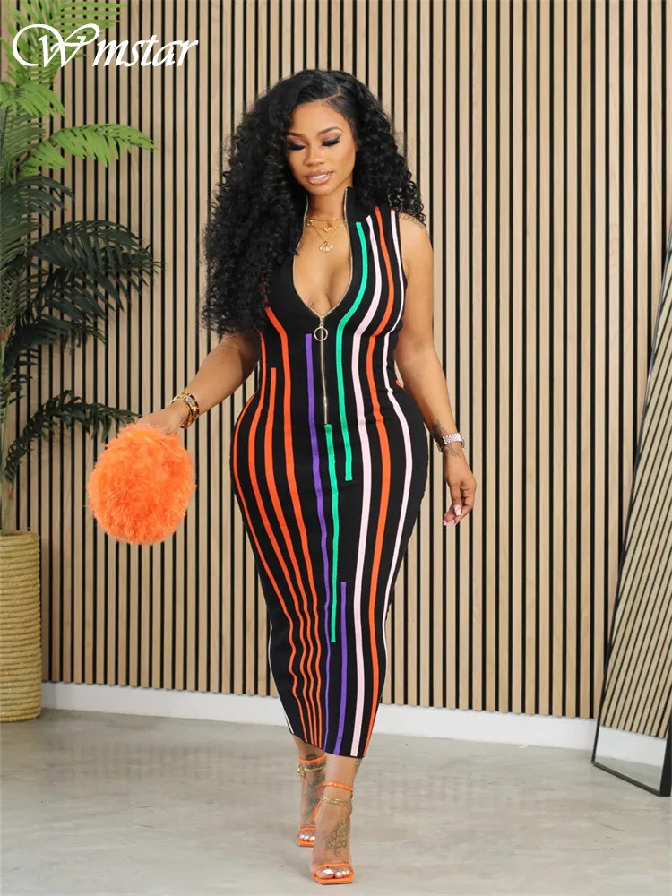 Wmstar Dresses Women Party Sexy Sleeveless Striped Bodycon Fashion Zipper Maxi Long Dress Summer  Wholesale Dropshipping 2024