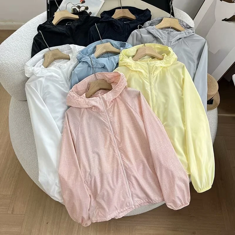 女性のポータブル UV 保護フード付き Jaet/チェック柄防水軽量日焼け止め服ファイオナブルな夏のアウターウェア