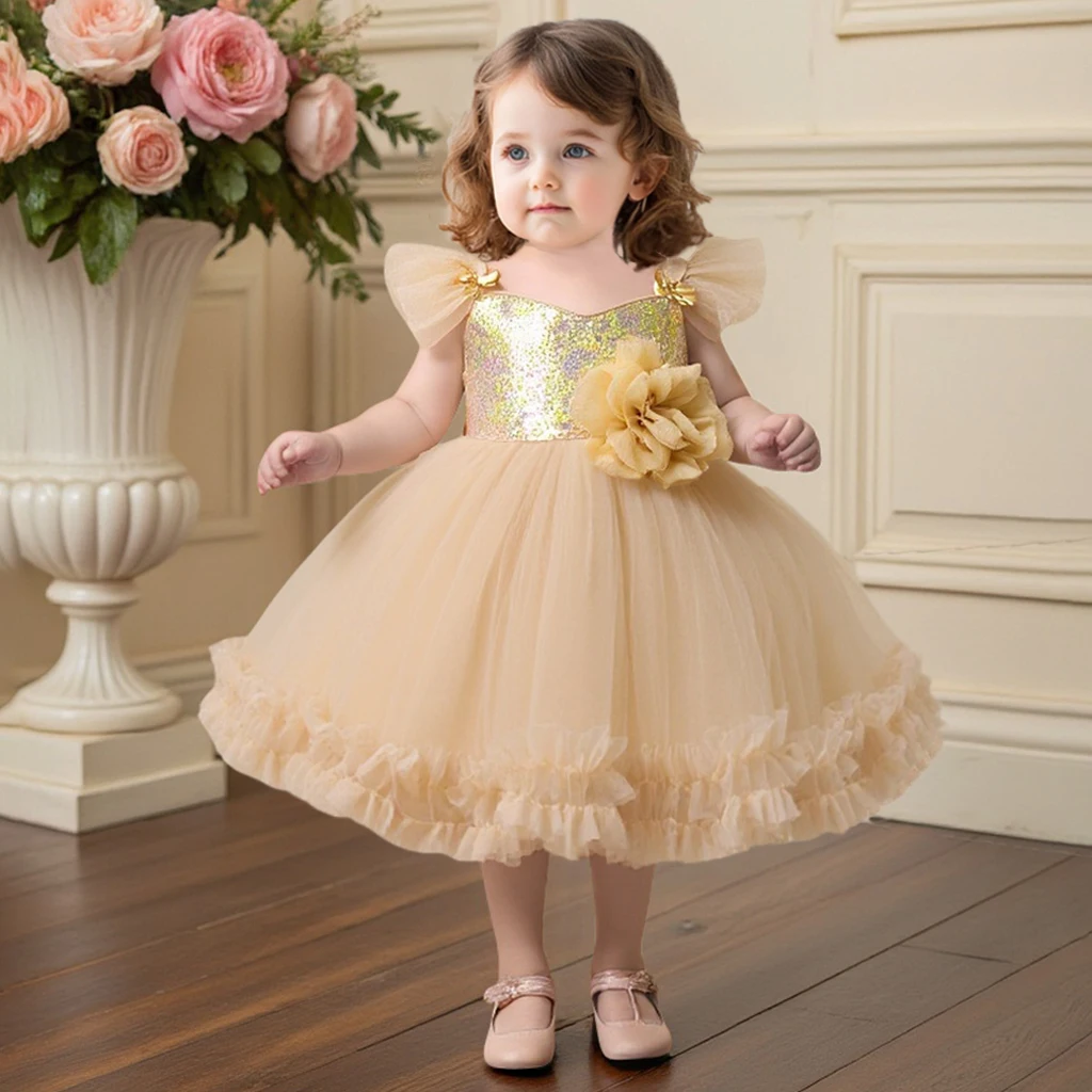 

Элегантное праздничное платье с блестками для маленьких девочек, платья принцессы для первого дня рождения, выпускного вечера, крещения, детское бальное платье с цветочным узором на свадьбу