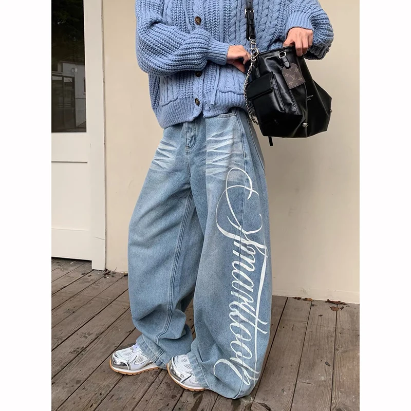 ZHIZOU Women Vintage Blue Y2k Baggy Jeans Harajuku 90s Character Print Denim Trousers Streetwear Japanese 2000s Oversize Pants