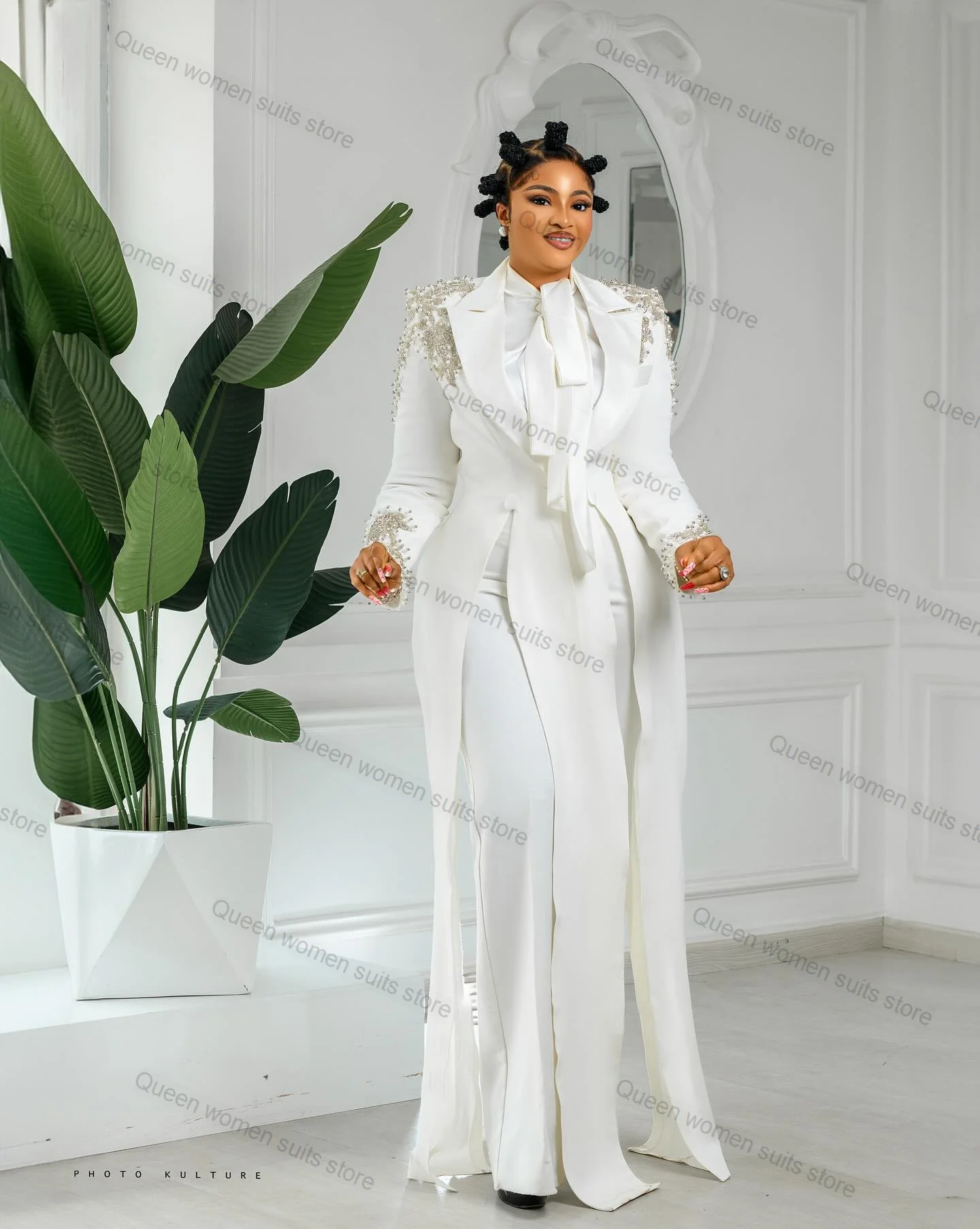 Split Women Suit Pants Set 2 Piece Long Blazer+Trousers Luxury Crystals Wedding Tuxedo Formal Party Jacket Customized Coat