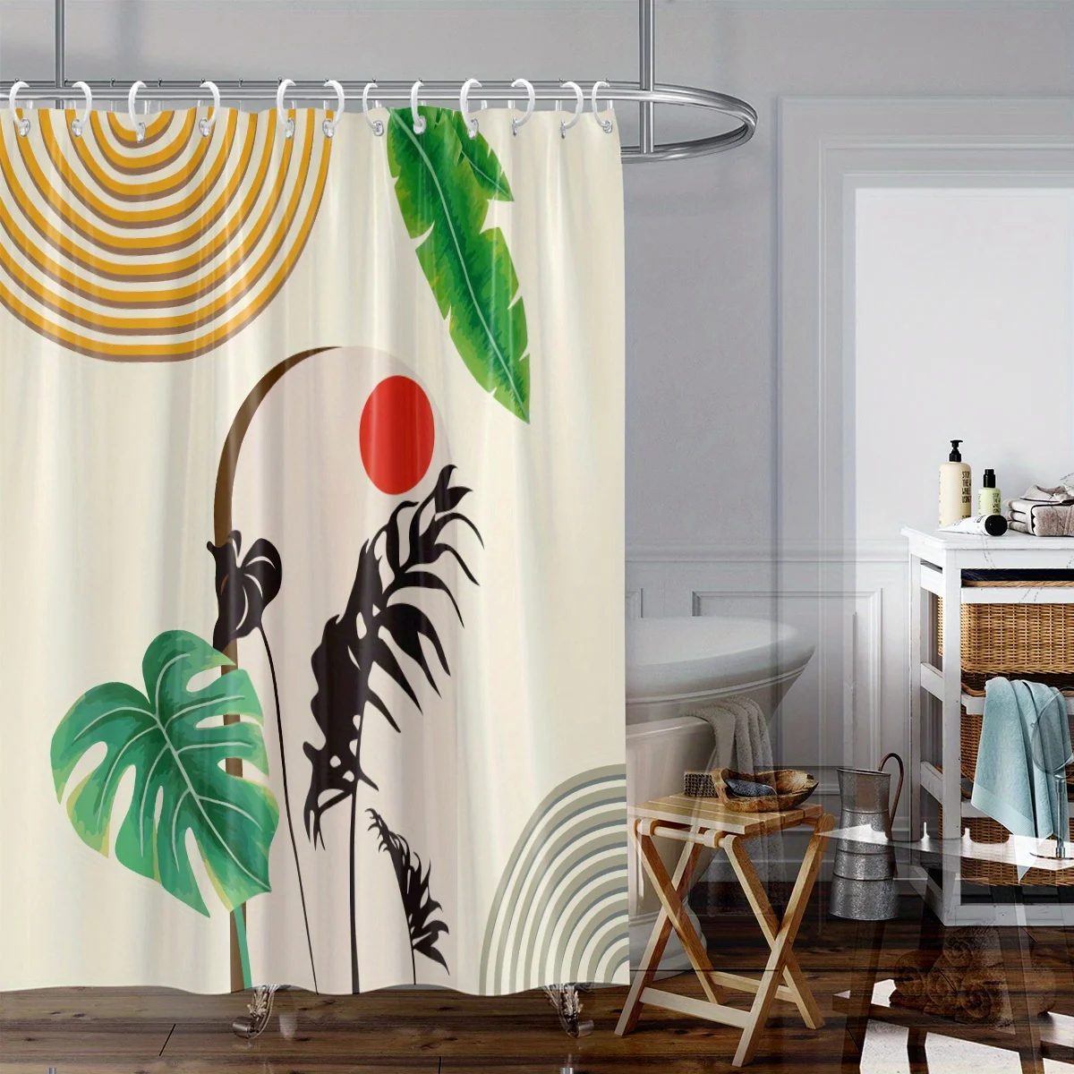 

1 шт., занавеска для душа в скандинавском стиле с абстрактным цветочным принтом и рисунком красного солнца и тропических листьев - полиэфирная ткань, можно стирать в машине