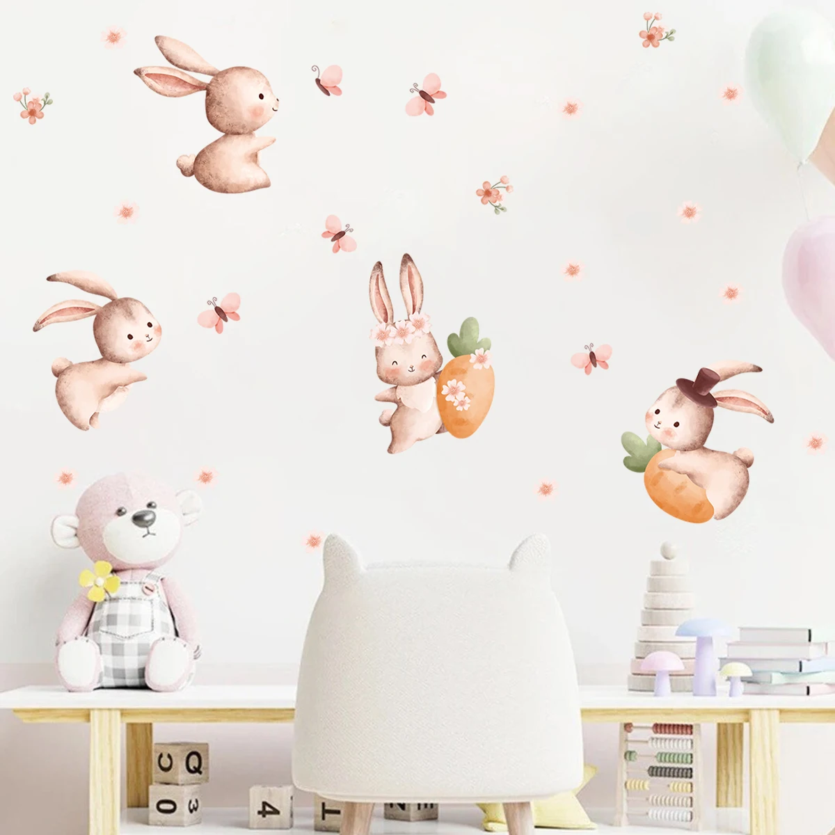 Cartoon Bunny Rabbit Wall Stickers for Kids Room Background Baby Nursery Wall Decals Living Room Decoration Bedroom Home Decor