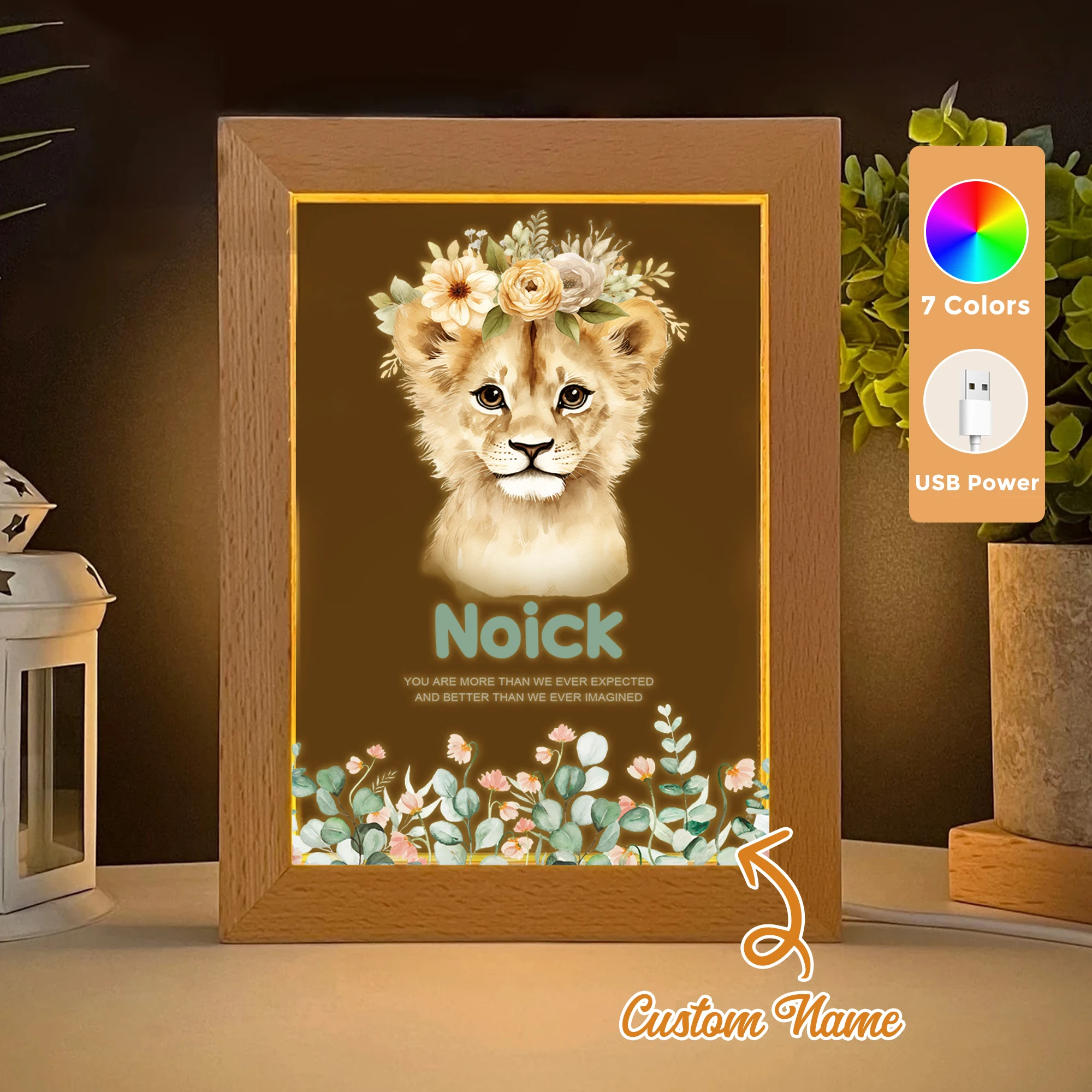 

2D Flat Custom Name Lion With A Wreath LED Acrylic Night Light Wood Photo Frame 21x17cm Family Bedroom Gifts Home Decor