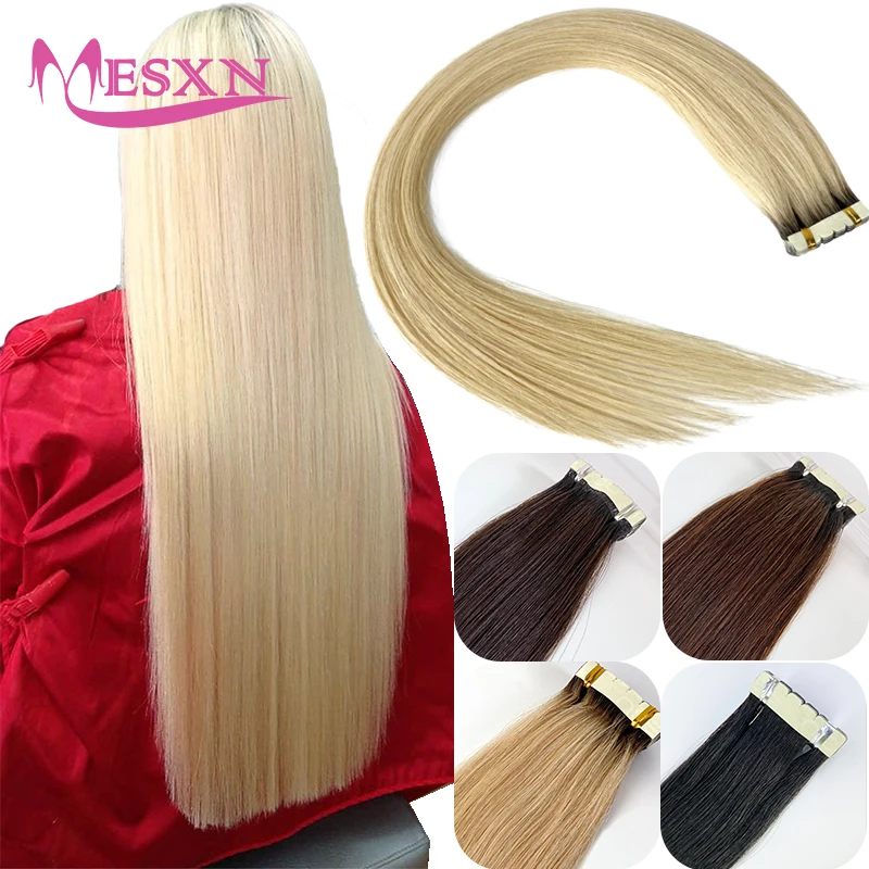 MESXN Mini Tape in Hair Extensions Human Hair Real Natural Hair Tapes in Black Brown Blonde Można udarować i farbować do salonu