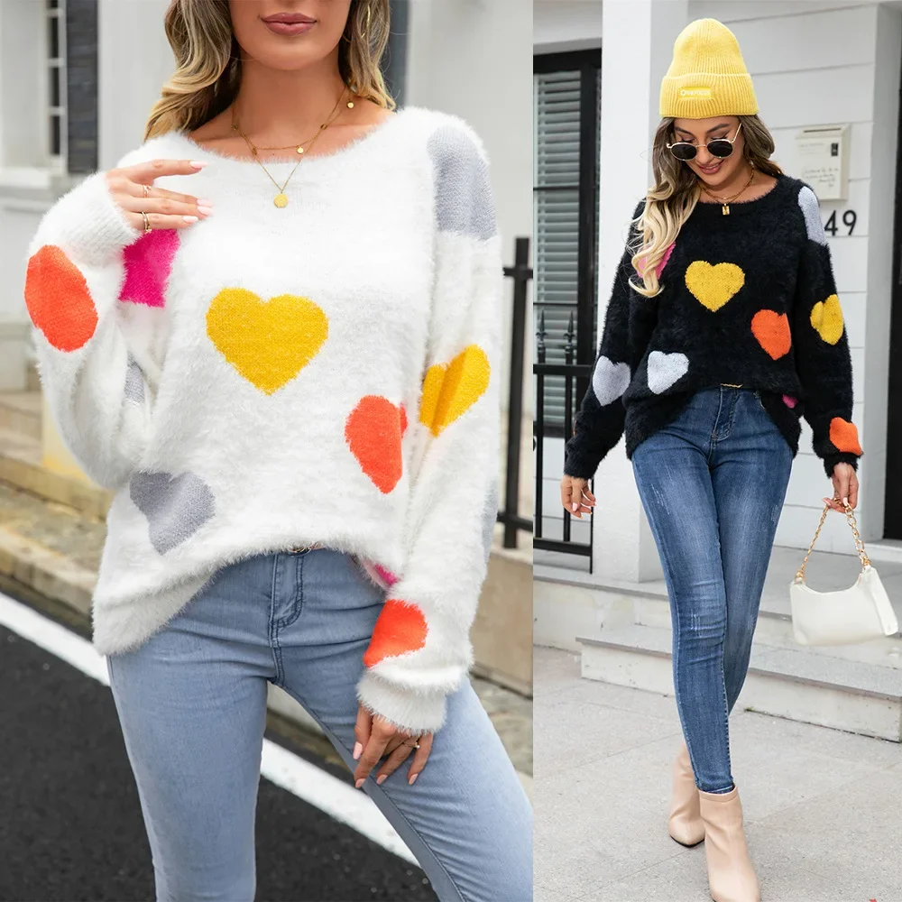 

O-neck Crochet Kintted Sweater Women Heart Fur Jumper Y2k Top E-girl Pullover Spring Autumn Winter Sueter Work Tops Jumpers