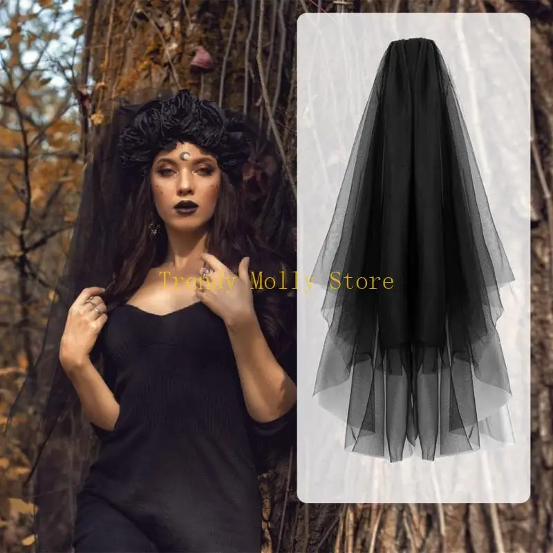 

N5KB Halloween Black Lace Veil and Gloves Set for Costume Party Gothic Accessory