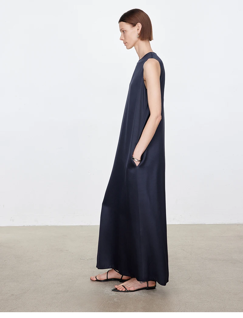 100% Mulberry Silk Women's Dress Silk Satin Round Neck Long and Bare Skirt Simple Temperament Soft and Delicate Urban Fashion