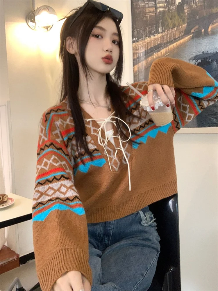 Vintage Sweaters Women Lace-up Elegant Cozy V-neck Trendy Ladies BF Style Pullovers Ulzzang Knitwear Classic High Street Autumn