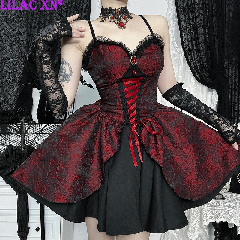 

Black Gothic Red Rose Jacquard Spaghetti Strap Dress Fashion Lolita Lace-up Party Mini Dresses Vintage Women Halloween Dress