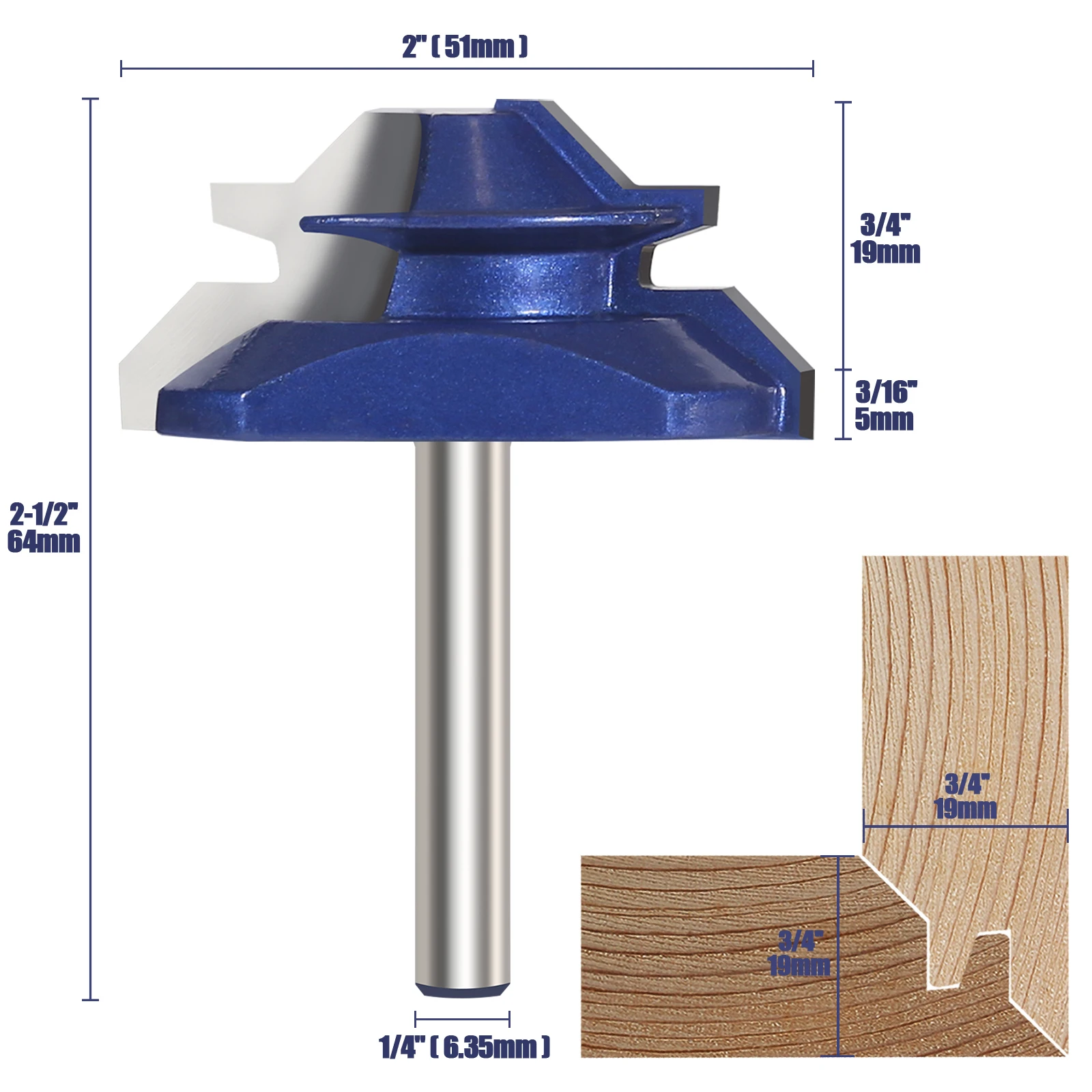 1 buah 1/4 "batang 45 derajat kunci Miter Router Bit karbida kayu penggilingan pemotong Tenon alat pertukangan DIY