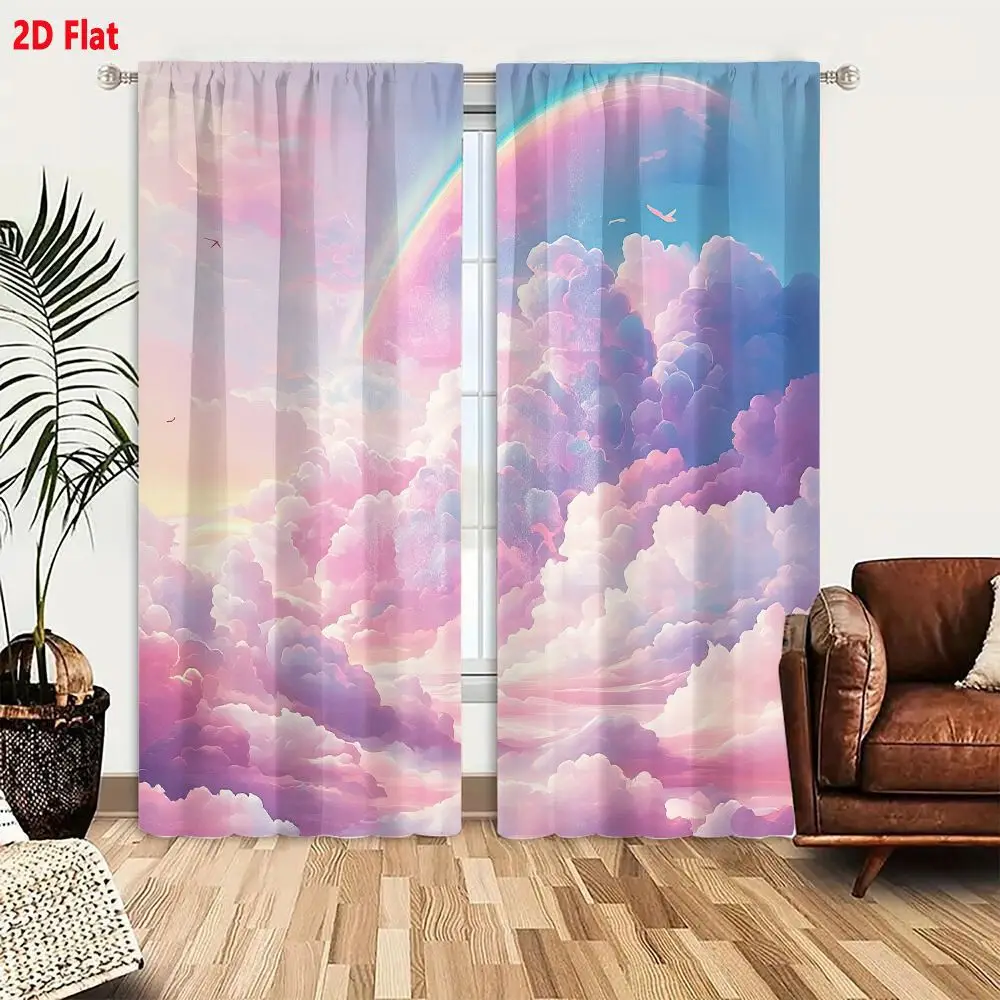 2Pcs Curtains 2D Flat Serene Dreamlike Sky With Fluffy Pastel Clouds And Vibrant Rainbow Window Drapes for Bedroom Room Decor De