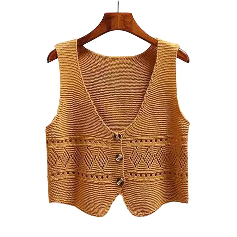 Neu im Frühling Herbst V-Ausschnitt Einreiher Pullover Weste Frauen ärmellose lässige lose gestrickte Strickjacken weibliche kurze Strickwaren
