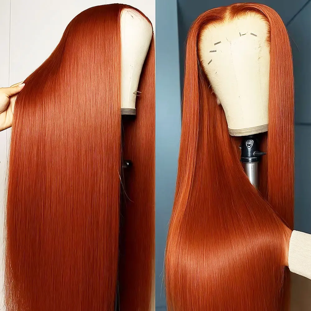 34 بوصة 13x4 250% كثافة مستقيمة 350 # الزنجبيل البرتقالي الدانتيل الجبهة الباروكات شعر الإنسان HD الدانتيل الشفاف قبل قطعها مع شعر الطفل