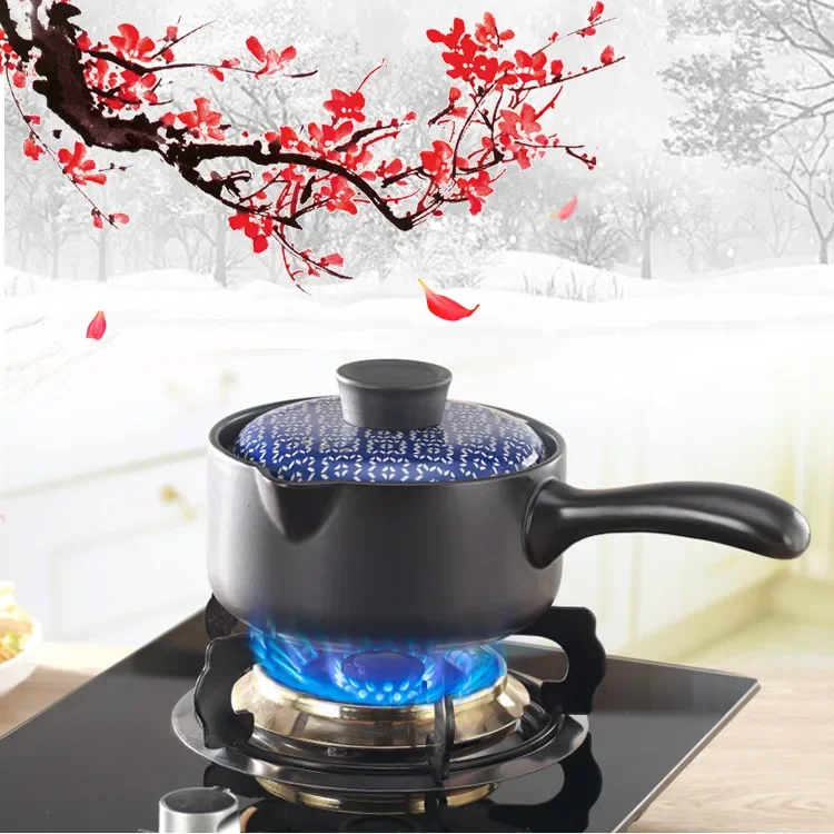 

Japanese Style Casserole Ceramic Milk Pan Baby Pot Porridge Stew Baby Food Pot Stockpot 1.5L with Handle with Pot Cover Blue